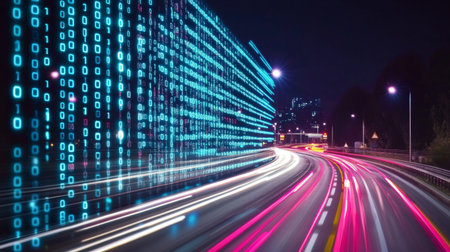 Dynamic Motion Blur of Digital Data Flowing on a Black Background for Instant Information Transferの素材