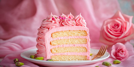 Elegant Rosy Pistachio Cake Displayed on a Simple Background for a Perfect Celebration Momentの素材
