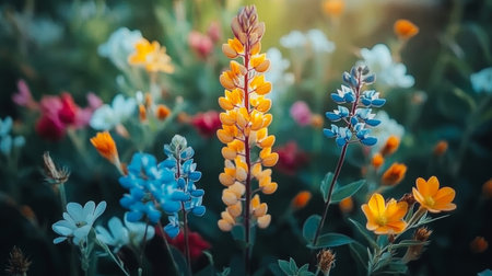 A vibrant flower meadow filled with blooming lupins in cheerful colors under soft sunlight.の素材