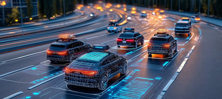 Futuristic autonomous vehicles driving on a highway at night with glowing HUDs and smart technologyの素材