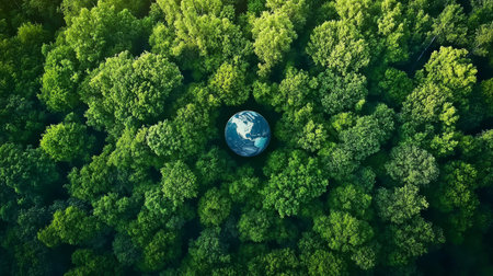 Aerial View of Lush Green Forest with Earth Globe Among Trees, Symbolizing Environmental Protectionの素材