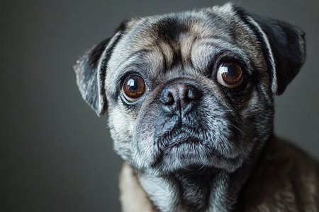 Charming Close-Up of an Adorable Pug Dog with Big Expressive Eyes on a Soft Gray Backgroundの素材