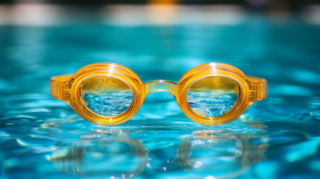 High Angle View of Colorful Swimming Goggles Floating on Clear Pool Water Surface, Underwater Sceneの素材