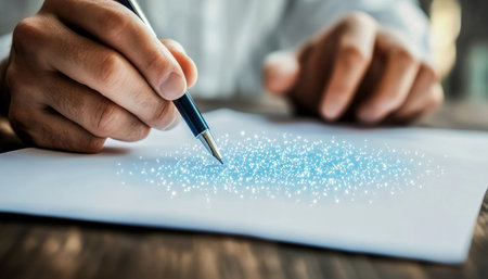 Close-Up of Businessman s Hand Holding Pen on Paper with Illuminated Graphics for Ideas Conceptの素材