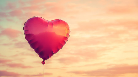 A Romantic Heart-Shaped Balloon Floating Gently in a Warm Sunset Sky, Symbolizing Love and Joyの素材