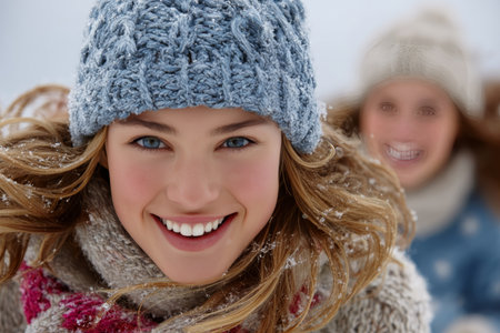 Joyful Teens Embrace a Playful Winter Day Outdoors, Smiling and Knitting Colorful Hats Togetherの素材