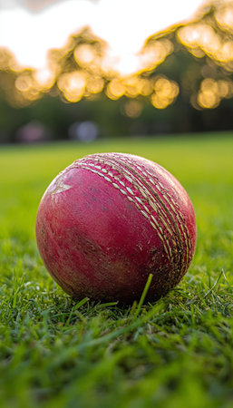 Vibrant Cricket Ball Resting Peacefully on Lush Green Grass, Perfect for Sports and Nature Momentsの素材