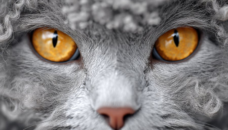 Captivating Portrait of a Silver LaPerm Cat with Striking Expression Against a Soft Gray Backgroundの素材
