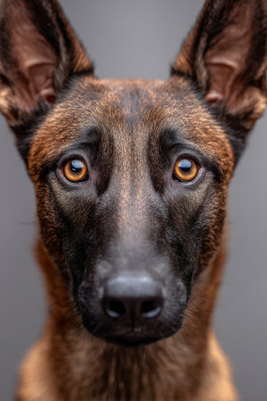 A Beautiful Belgian Malinois Portrait Capturing Sweetness and Intensity Against a Gray Backgroundの素材