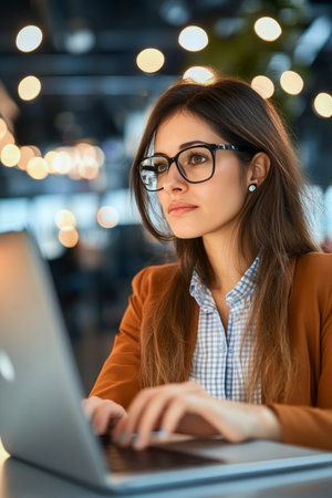 Young office worker in stylish eyeglasses, focused on computer in a modern workplace setting.の素材