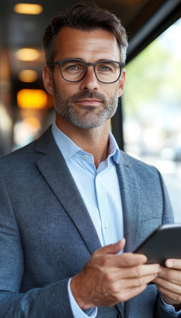 Business Executive Using Wireless Device for Productive Online Projects and Modern Design Visionの素材