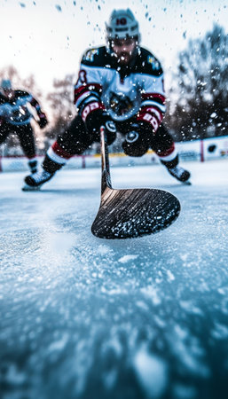 Exciting Ice Hockey Match Unfolds on Outdoor Rink with Players Skillfully Battling for the Puckの素材