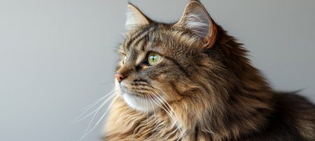 Majestic longhair cat gazes captivatingly with striking fur against a soft gray background.の素材