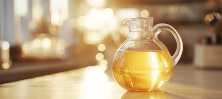 Golden Sunshine Illuminates Clear Pitcher Filling Transparent Vessel with Fluid Creating a Glowの素材