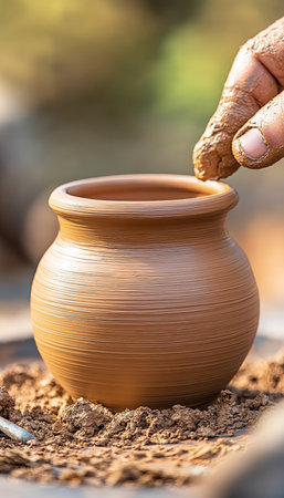 Artisan skillfully shaping a unique earthenware pot on a spinning wheel in a vibrant ceramic studio.の素材