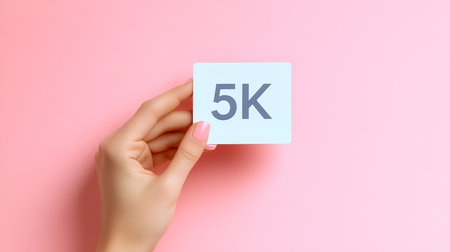 Celebrating Success with a 5K Paper Cutout for Online Business Growth on a Pink Backgroundの素材