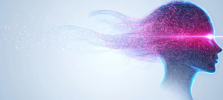 Futuristic Cybernetic Female Profile with Glowing Nodes and Advanced Technology Interfaceの素材