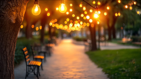 Enchanting Romantic Outdoor Event Lighting with String Lights in a Beautiful Natural Setting at Duskの素材