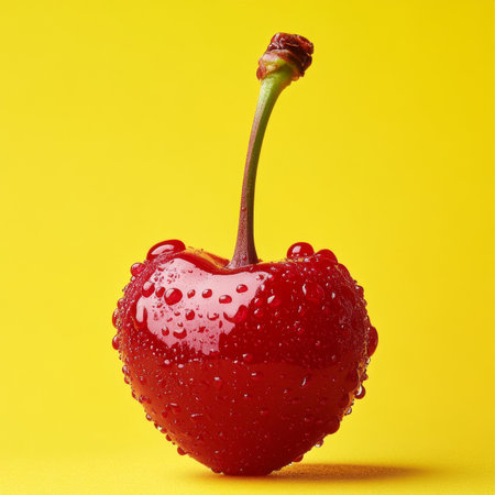 Glossy Red Cherry with Green Stem Isolated on Bright Yellow Background, Fresh and Delicious Fruitの素材