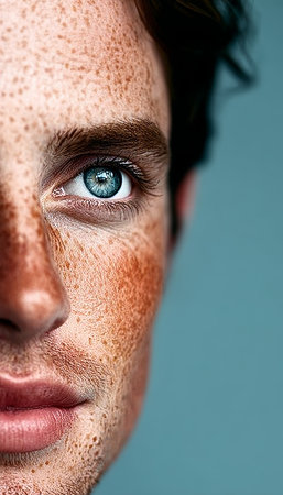 Close Up Male Portrait Showcasing Natural Beauty with Clear Skin, Freckles, and Expressive Blue Eyeの素材