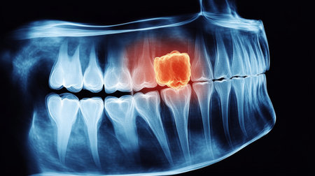 Detailed X-Ray of Impacted Wisdom Tooth with Inflammation Highlighted in Red for Dental Diagnosisの素材