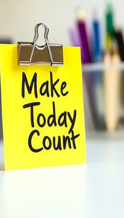 A Bright Yellow Post-It Note on a Clean Surface, Motivational Message to Make Today Countの素材