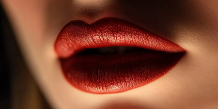 Closeup of a Female Face with Perfect Red Lips Wearing Matte Lipstick and Seductive Expressionの素材