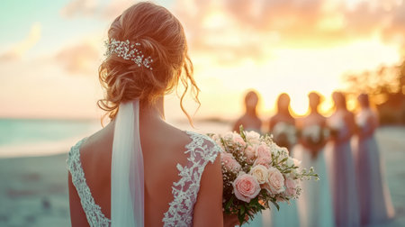 Elegant bride joyfully reuniting with her bridesmaids during a stunning sunset beach gathering.の素材