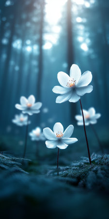 Enchanting White Flowers Blooming Under Dreamy Blue Light in a Serene Fantasy Garden Landscapeの素材