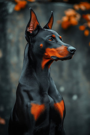 Elegant headshot of a Doberman Pinscher with cropped ears, surrounded by vibrant autumn foliage.の素材