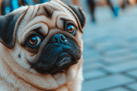 Adorable Pug Portrait with Big Eyes and Wrinkled Face, Capturing Playful Expression for Pet Loversの素材