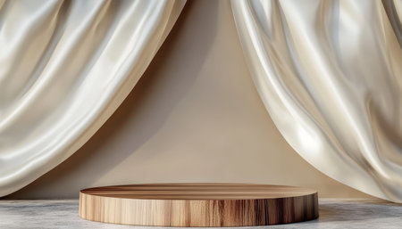 Sophisticated Product Display Featuring a Wooden Round Pedestal Surrounded by Elegant Silk Curtainsの素材