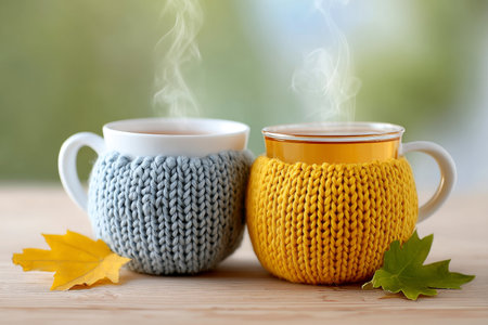 Cozy Autumn Vibes Two Hot Teas with Knitted Mug Cozies on a Rustic Wooden Table for Winter Warmthの素材