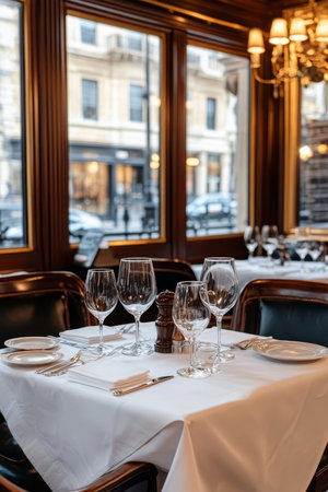 Elegant Dining Table Setting with Fine Tableware and Fresh Flowers Bathed in Soft Dappled Sunlightの素材