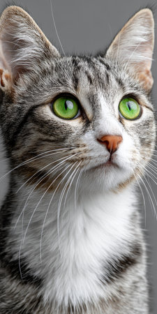 Close-Up of a Beautiful Domestic Cat with Striking Green Eyes in a Professional Studio Settingの素材