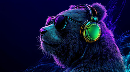 Stylized bear wearing sunglasses and headphones, vibrant neon colors for a cool party atmosphereの素材