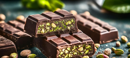 Delicious piece of chocolate bar filled with creamy pistachio paste and scattered nuts closeupの素材