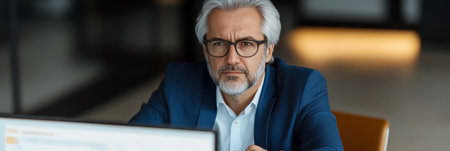 Senior Male Investor Analyzing Financial Market Trends and Calculating Annual Expenses and Costsの素材