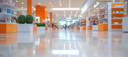 Contemporary Retail Space Featuring Glossy Floors and Vibrant Orange Accents in a Shopping Centerの素材