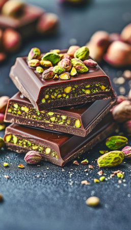 Decadent Chocolate Bars with Pistachio, a Sumptuous Treat, a Sweet Indulgence with Gourmet Flavorsの素材