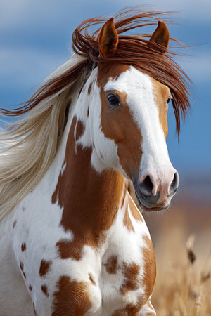 Majestic American Paint Stallion Galloping Across Autumn Meadow with Shimmering Coat and Freedomの素材