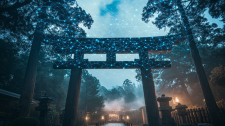 Cybernetic Fushimi Inari Shrine in Digital Dot Style Blending Kyoto s Tradition with Modern Techの素材
