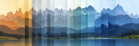 Stunning Chromatic Range of Majestic Mountains with a Mirror-like Lake Reflection at Sunsetの素材