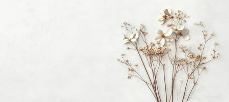 Stunning Arrangement of Elegant White Flowers with Gold Accents on a Soft Textured White Backgroundの素材