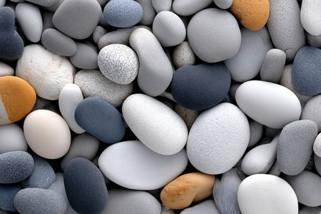 A Tranquil Arrangement of Smooth Gray and White River Pebbles, Showcasing Natural Beauty and Calmの素材