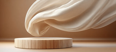Elegant Presentation with Wooden Pedestal and Flowing Silk Curtain Against Luxurious Brown Backdropの素材