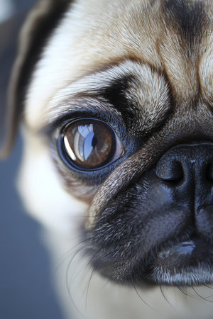 Charming Close-Up Portrait of a Fawn Pug with Soulful Expression Against a Simple Backdropの素材