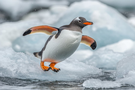 A Playful Penguin Leaping Off an Iceberg in the Antarctic, Showcasing Nature s Wonder and Adventureの素材