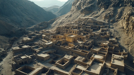 Ancient Middle Eastern Fortress Ruins Surrounded by Desert Wasteland Under Clear Sunny Skiesの素材