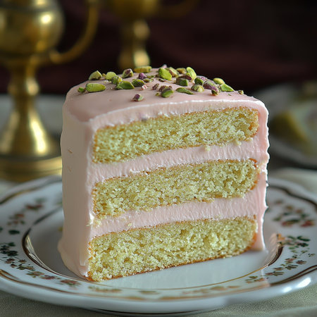 Delicious Single Slice of Pistachio Cake with Rosewater Icing Perfect for Birthday Celebrationsの素材
